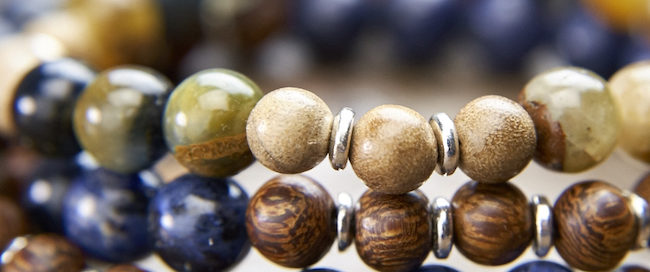 Mala beads for meditation, made from semi-precious stones and wooden beads